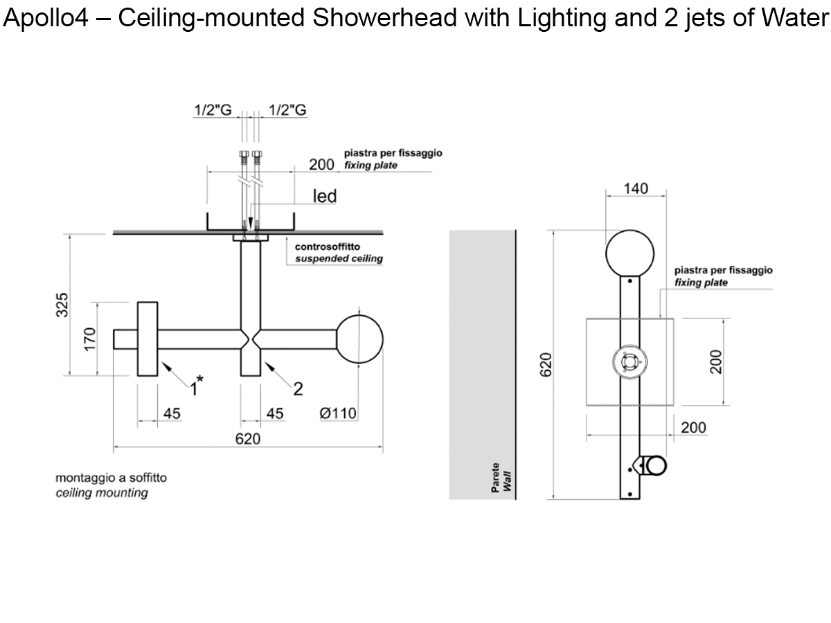 Antoniolupi Apollo4 Ceiling Mounted Showerhead With Lighting And 2 Jets Of Water