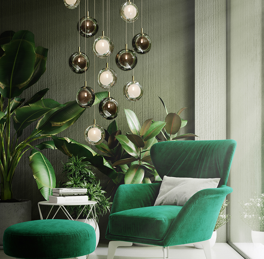 Bomma Lens Chandelier 6x Dark Green Suspension Lamp