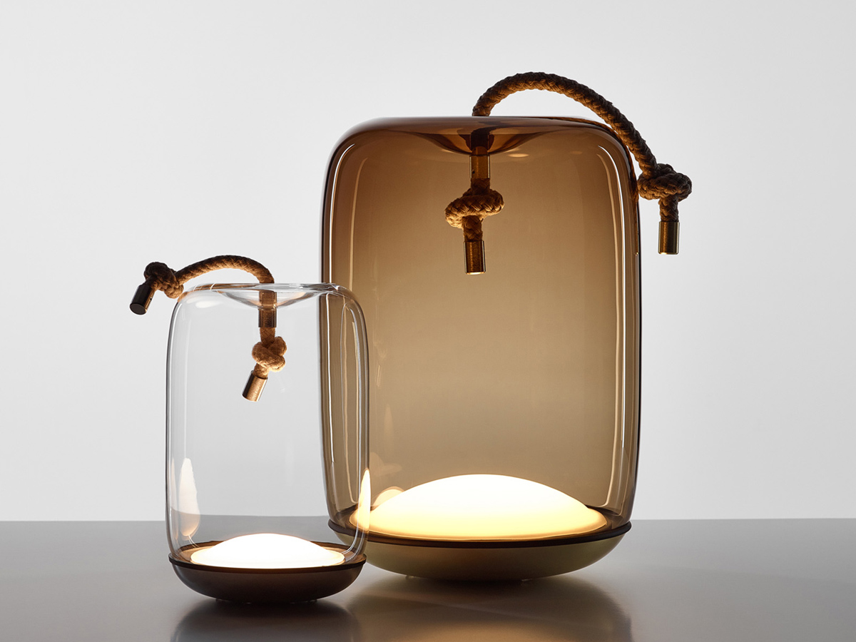 Brokis Knot Cilindro Battery Outdoor Table Lamp Smoke Brown Glass Transparent