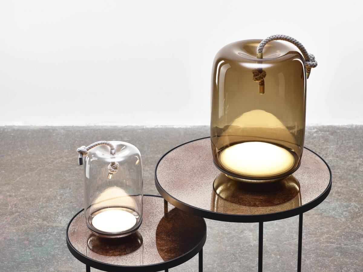 Brokis Knot Cilindro Battery Outdoor Table Lamp Smoke Brown Glass Transparent
