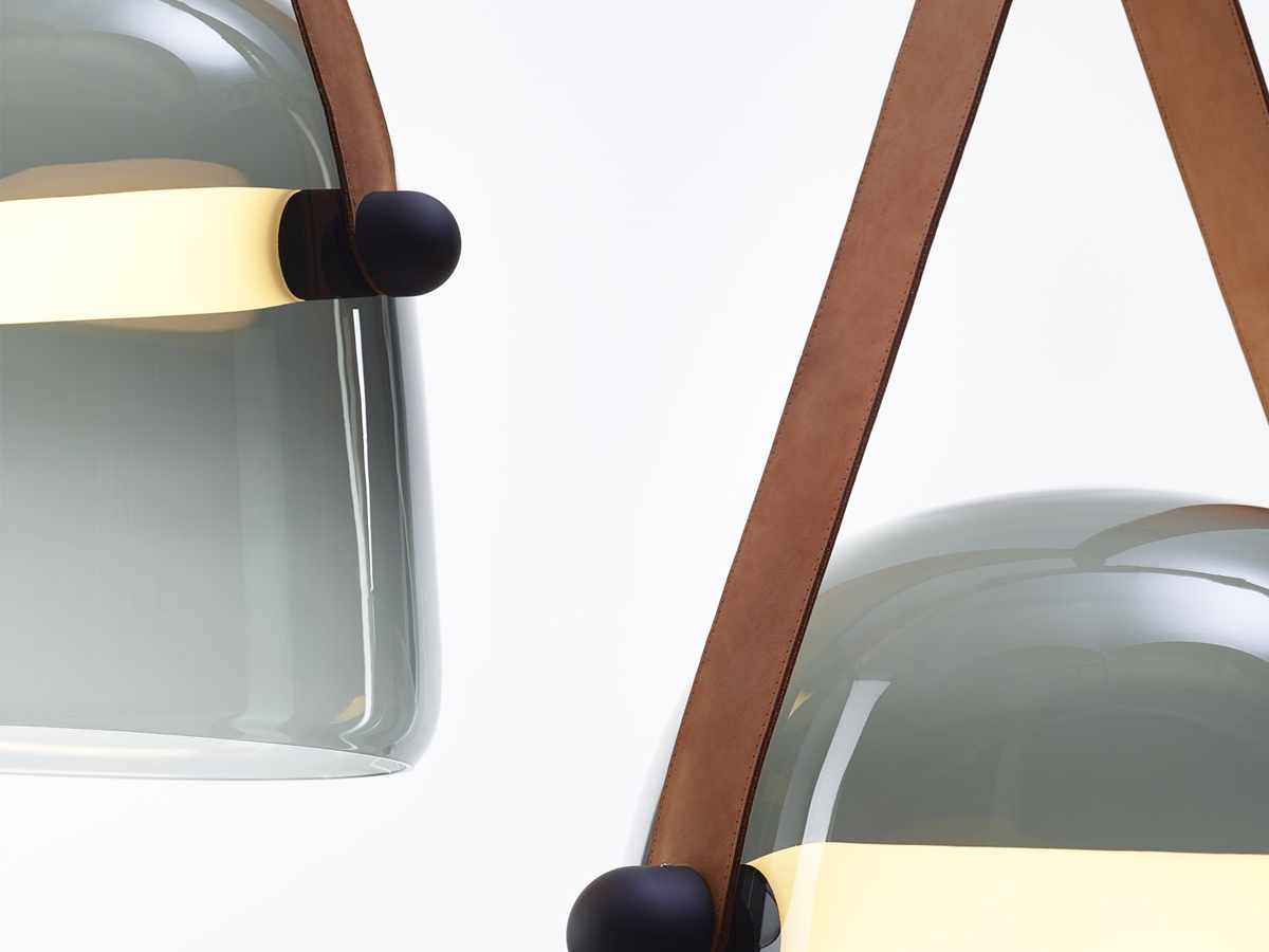 Brokis Mona Large Suspension Lamp Smoke Grey Glass Natural Leather Straps