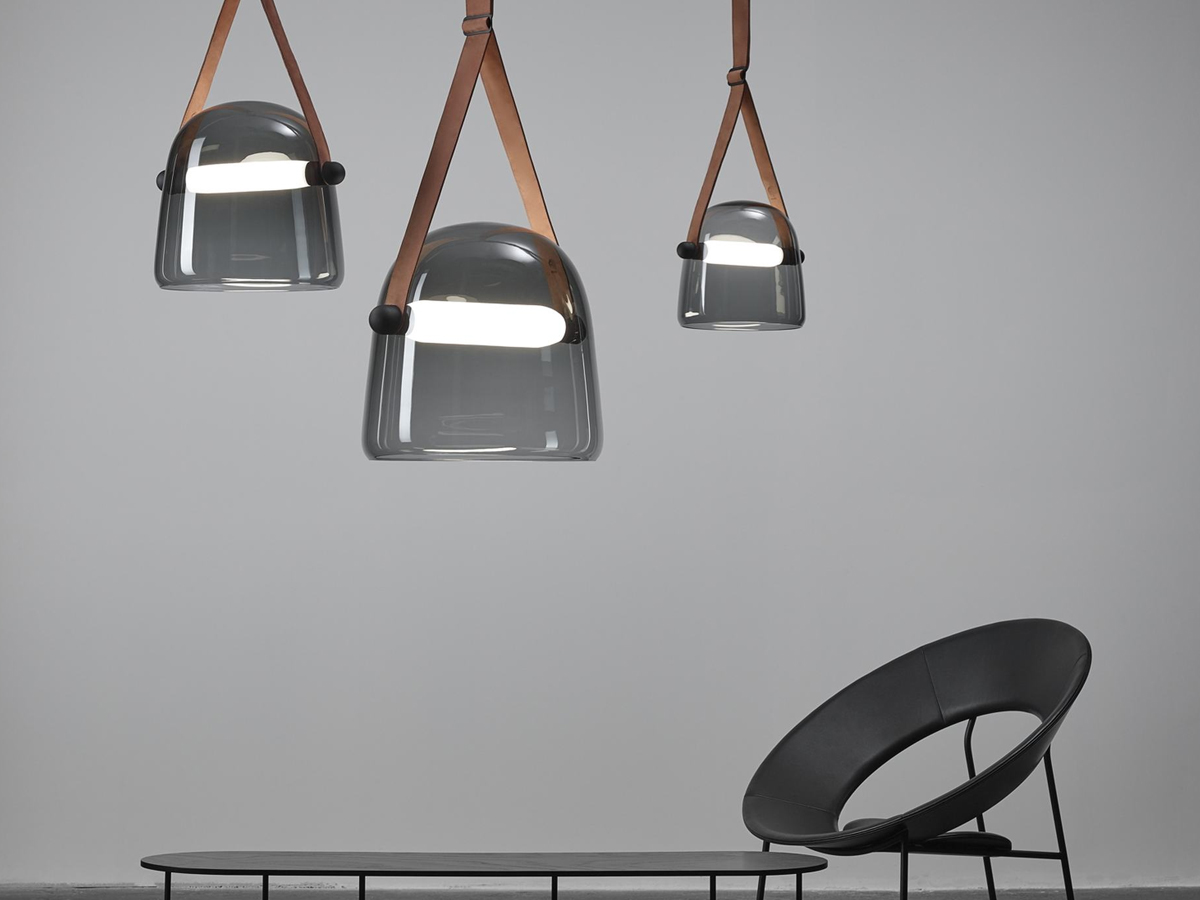 Brokis Mona Large Suspension Lamp Smoke Grey Glass Natural Leather Straps