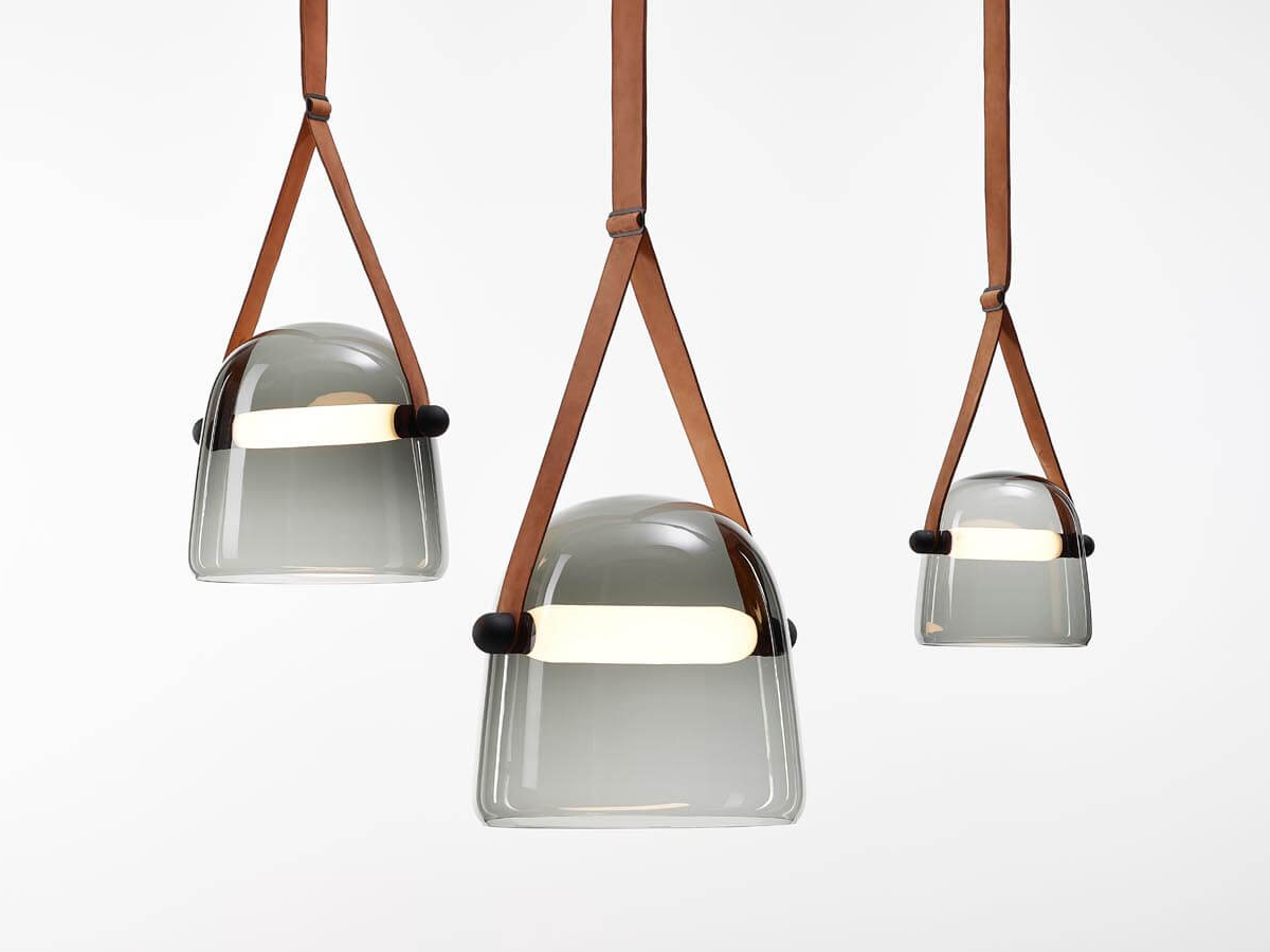 Brokis Mona Pc938 Suspension Lamp Smoke Grey Glass Leather Straps Natural White Canopy