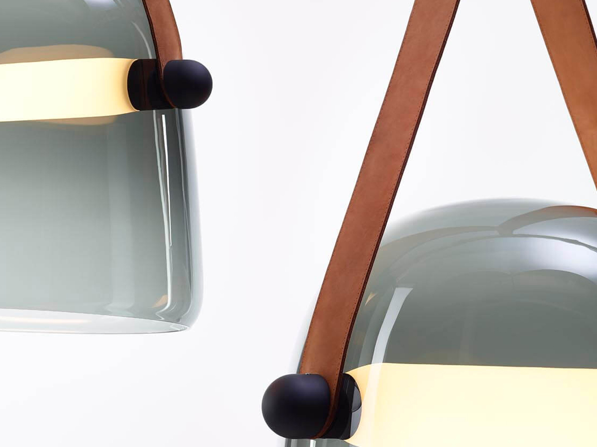 Brokis Mona Pc938 Suspension Lamp Smoke Grey Glass Leather Straps Natural White Canopy