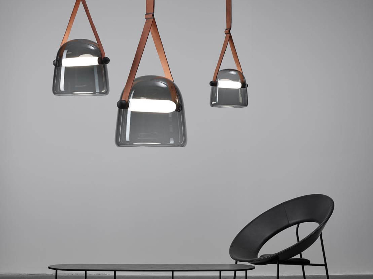 Brokis Mona Pc938 Suspension Lamp Smoke Grey Glass Leather Straps Natural White Canopy