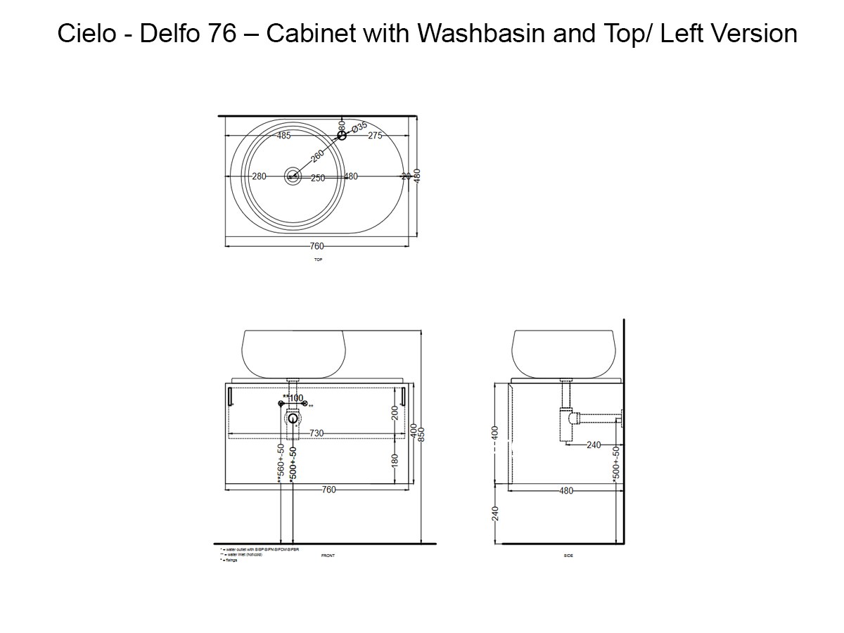 Cielo Delfo 76 Arenaria Cabinet With Coral Washbasin And Top Left Version