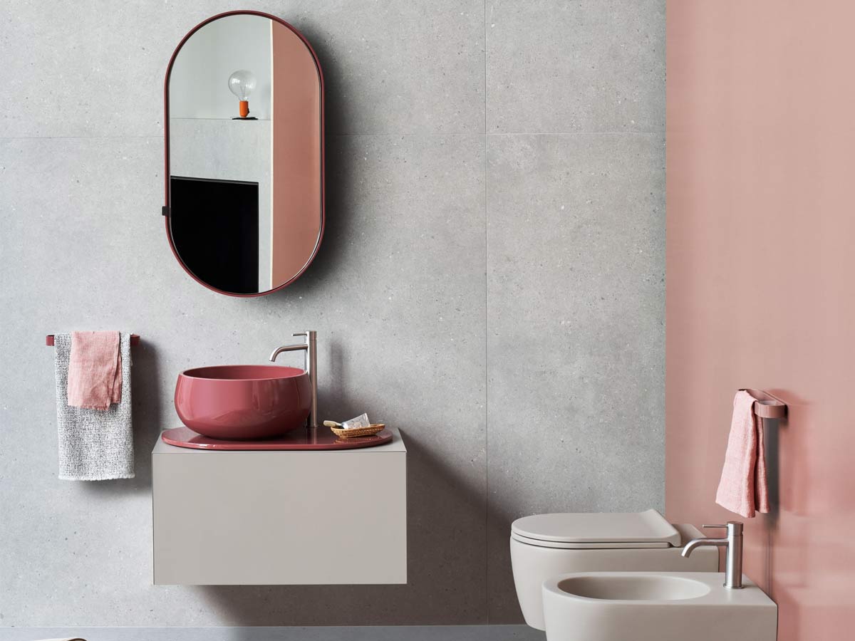 Cielo Delfo 76 Arenaria Cabinet With Coral Washbasin And Top Left Version