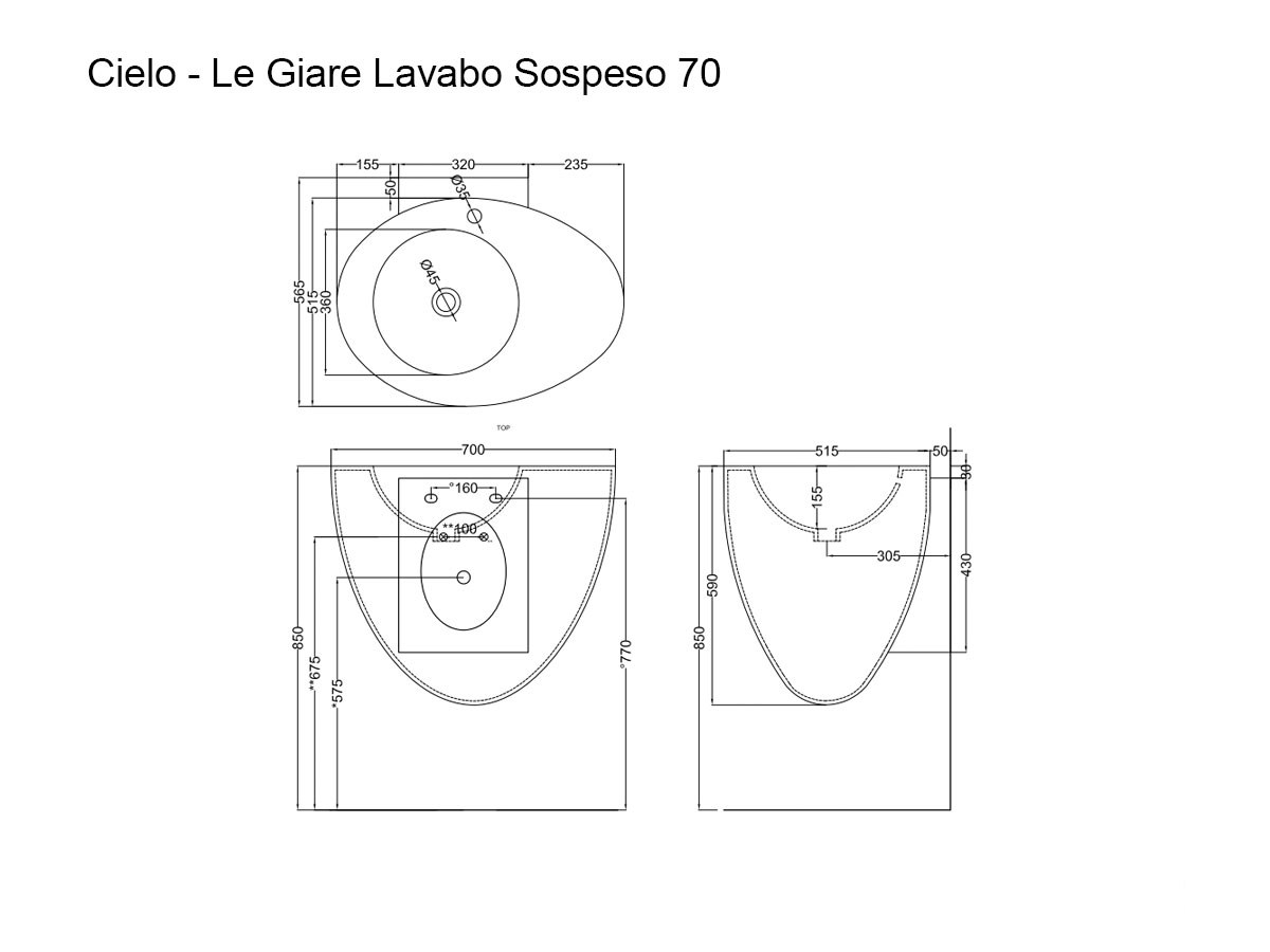 Cielo Le Giare Wall Hung Washbasin 70