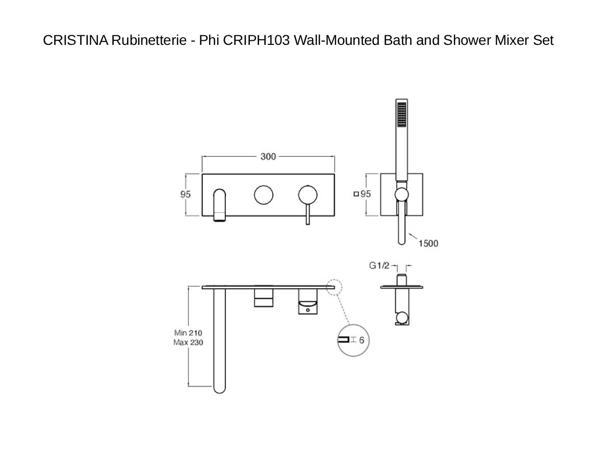 CRISTINA Rubinetterie Phi Criph103 Wall Mounted Bath And Shower Mixer Set