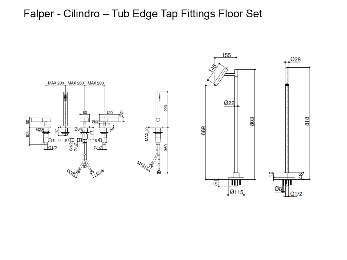 Falper Cilindro Tub Edge Tap Fittings Floor Set