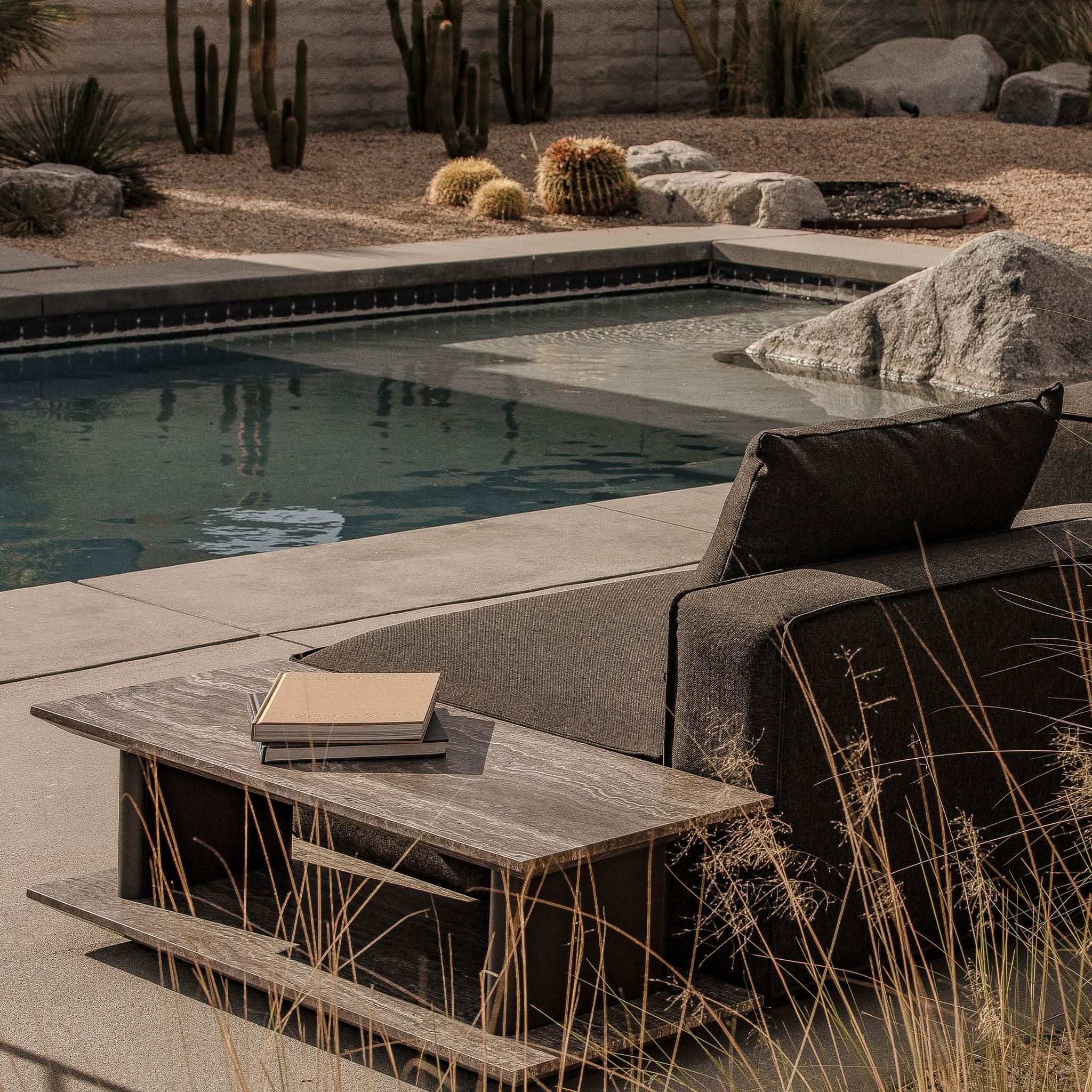 Harbour Santorini Stone Rectangle Side Table Asteroid Travertine Dark Grey