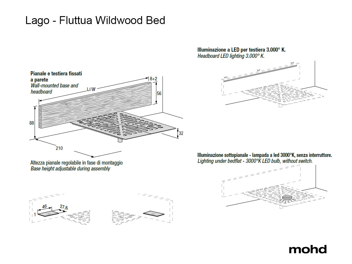 Lago Fluttua Bed Wildwood Headrest With Glass Shelves Iuta
