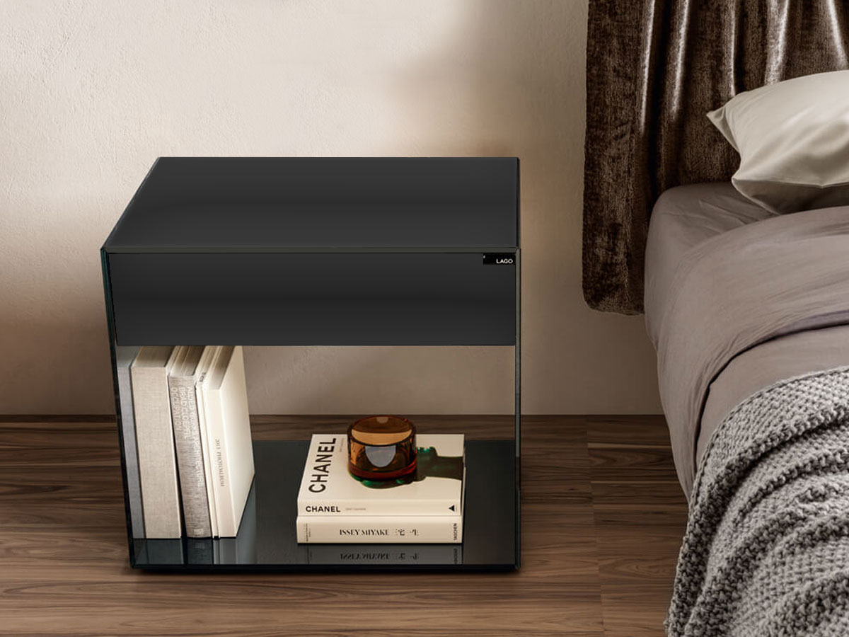 Lago Upglass Bedside Table 1396 Polished Glass Graphite