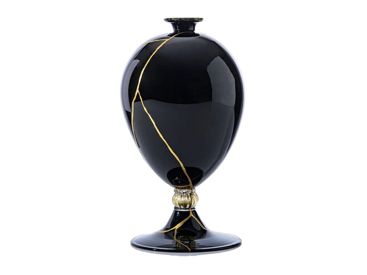 Venini Veronese 60017 Kintsugi Black Gold Leaf Vase