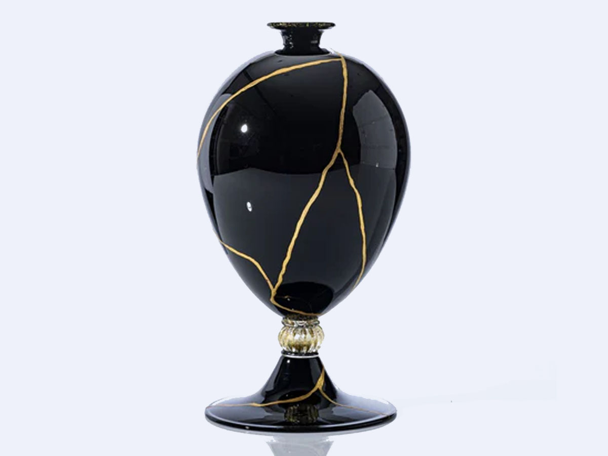 Venini Veronese 60017 Kintsugi Black Gold Leaf Vase